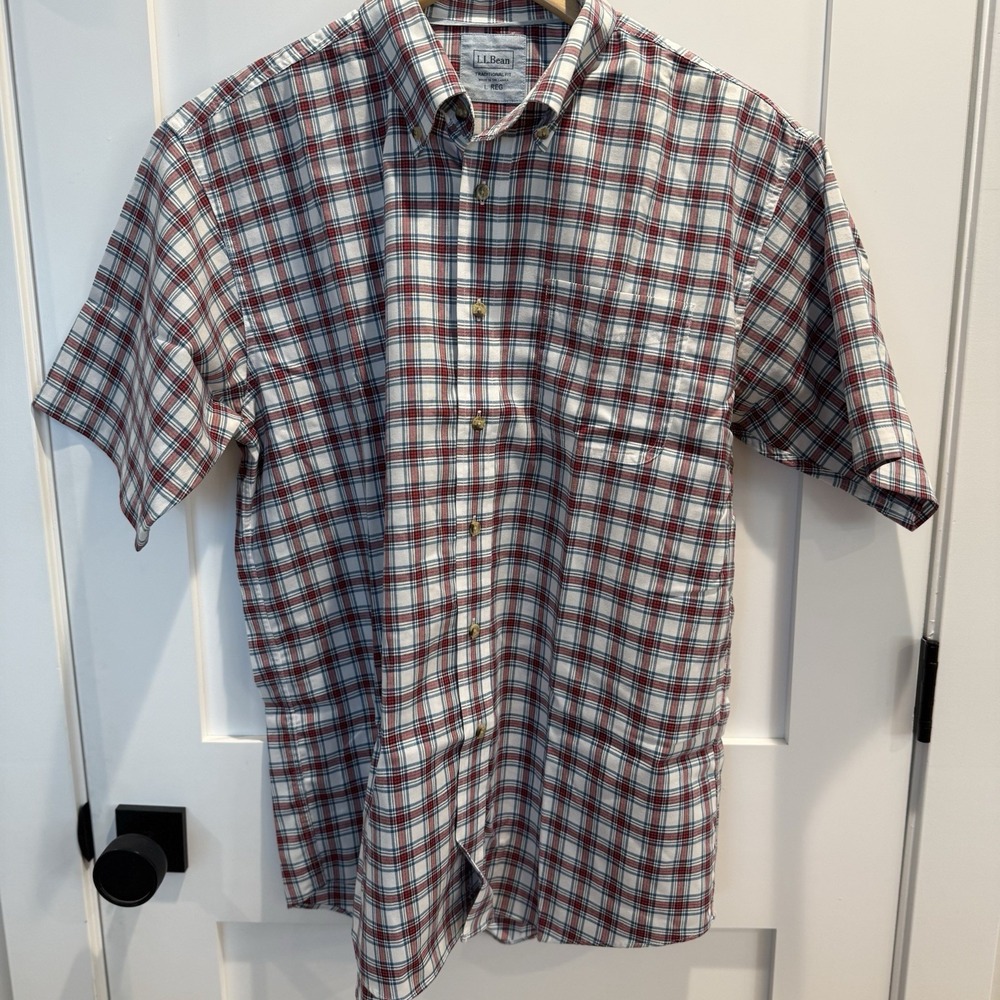 LL Bean Mens‎ Shirt Size Large Reg Short Sleeve Blue Red Plaid Traditional Fit